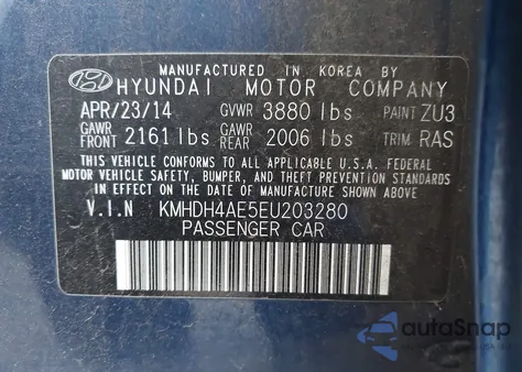 2014 Hyundai Elantra Se from USA, damaged, VIN KMHDH4AE5EU203280
